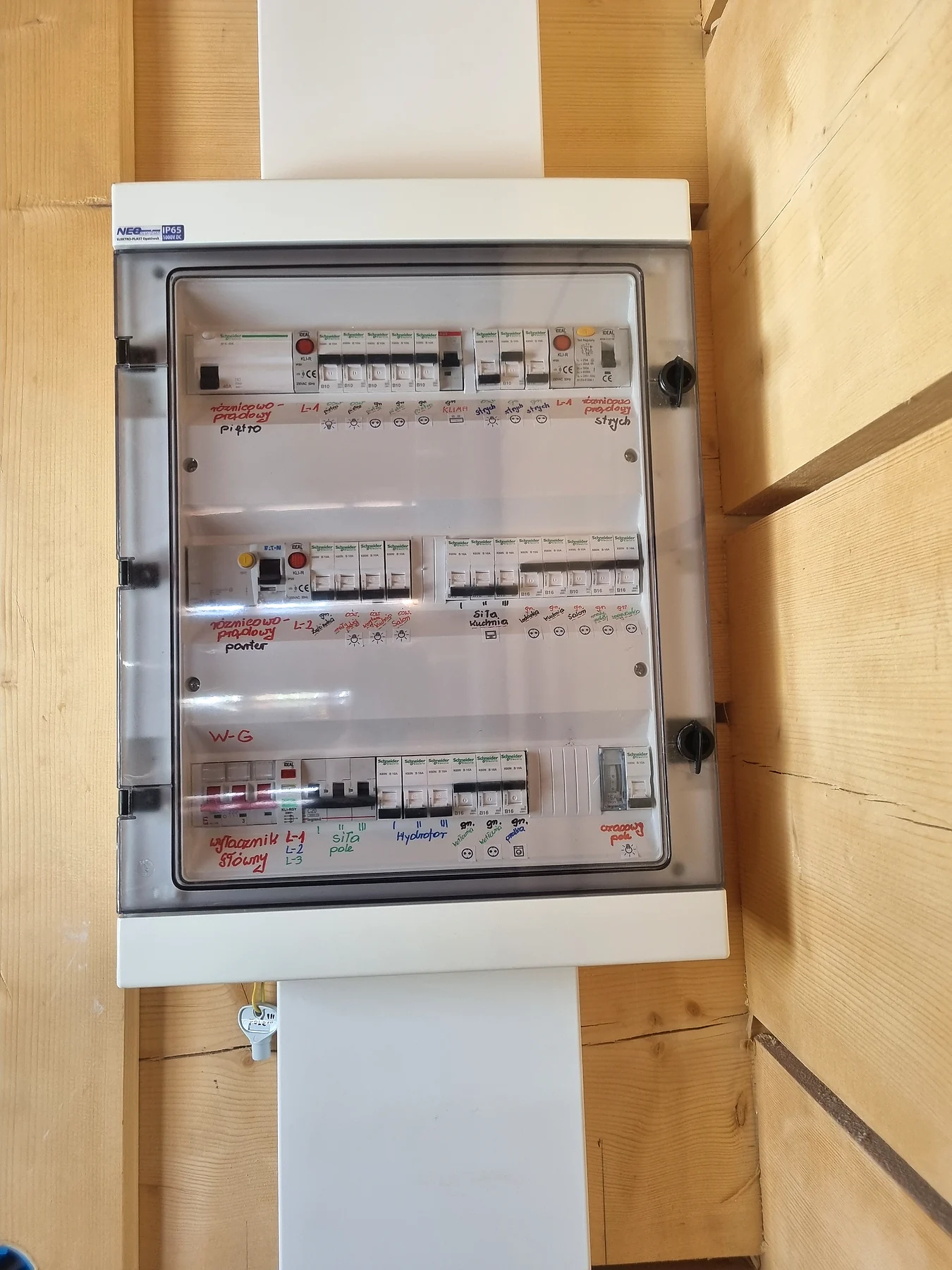 Kompletna rozdzielnia elektryczna w drewnianym domu
